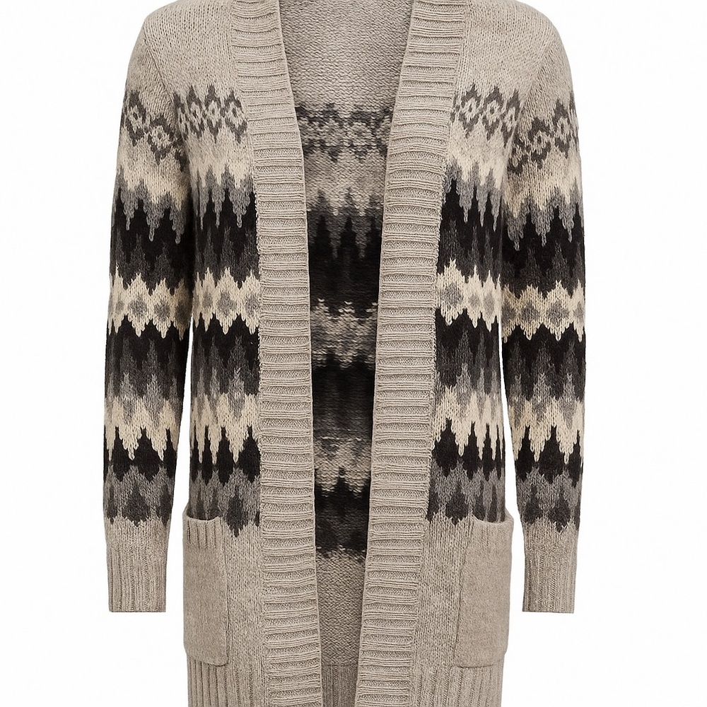 AMERICAN EAGLE Sweater S Grey Blue Chunky Cardigan Chevron Fair Isle Navy Knit